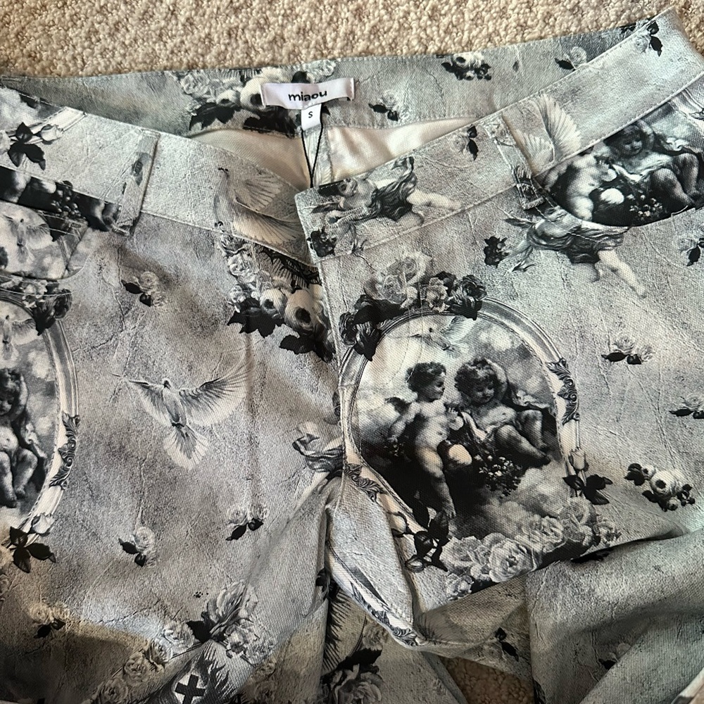 Miaou Monochrome Cherub Print Shorts in Gray & Black